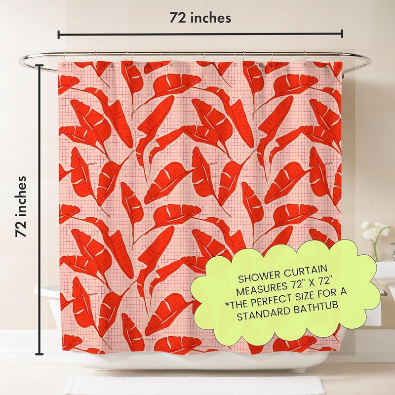 Worthwhile Goods Pink Red Banana Leaf Print Shower Curtain - Tropical Palm Pattern - Modern Maximalist Home Decor - Bold Colorful Hotel Style Fabric Shower Curtain For Any Bathroom - 72x72 Inches (Red Palms) - Image 3